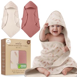 infancie Organic Cotton Muslin Baby Hooded Towels - 32x32 Inch, 2 Pack Newborn Bath Towels for Boys & Girls, Soft & Absorbent Bath Set (Pink/Floral)