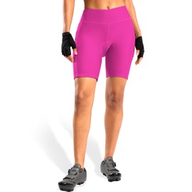 Women's 4D Padded Bike Shorts 7 Inch Cycling Bicycle Spinning Mountain Cycle Shorts for Women Zipper Pockets(Rosy,XS)