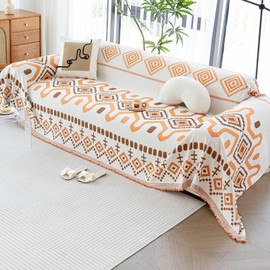 JPGGD Boho Couch Cover, Chenille Sofa Cover Washable for Dogs, Boho Couch Covers for Sofa Pet Friendly, Bohemia Sofa Slipcovers for 2-3 Cushion Couch(Orange, 71"x 134")