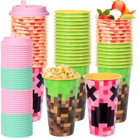 Lidmada Pixel Party Favors Goodie Cups, 48 Pack Birthday Party Cups in 2 Colors, 16OZ Reusable Pixel Game Themed Plastic Party Supplies Decorations Cups with Lids Plugs for Girls Kids Boys