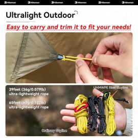 Hikeman Tent Guy Ropes 2mm-Ultralight Strong Guy Lines with Tensioner Reflective UHMWPE Fiber Tent Cord for Camping, Hiking, Backpacking Rope (Yellow, 65 Feet, 10 Tensioners)