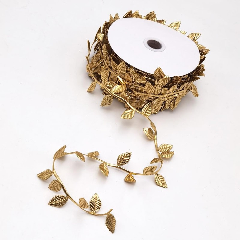 INSPIRELLE 60 Foot Gold Leaf Ribbon Artificial Double-Faced Gold Leaves