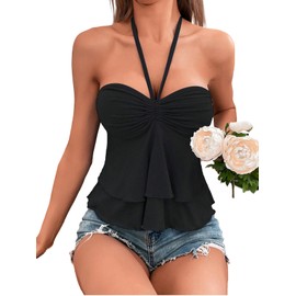 AKLOPVII Women Y2k Peplum Ruched Crop Tank Tops Cute Open Back Drawstring Tie Spaghetti Strap Halter Summer Going Out Black