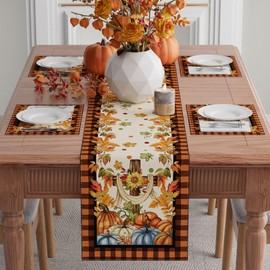 XCHI Fall Cross Pumpkin Maple Leaves Plaid Table Runner Table Decoration for Kitchen Dining Dinner Thanksgiving Autumn Home Decor 13x48 Inch