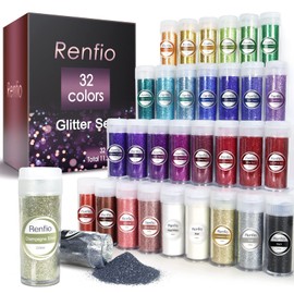 Renfio 32 Colors Glitter Set, 16.93oz 480g Ultra Fine Glitter Powder PET 1/128" 0.008" 0.2mm Resin Suppies Assorted Craft Glitter for Fake Nails, Resin Art, Tumblers, Slime, Hair, Bomb