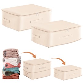 Pack of 2 Ultra Space-Saving Self-Compressing Organiser, Storage Bag for Duvets, Large Self-Compressing Movable Organiser Bags for Blankets, Clothing (Beige, L 52 x 42 x 30 cm)