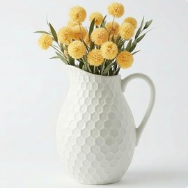 Jarrón de cerámica blanca con asa, jarrón de granja de 7 pulgadas de ancho x 8 pulgadas de alto con patrón de panal de abeja, jarra decorativa de agua, jarrones de cerámica para decoración, decoración
