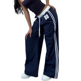 WDIRARA Women's Wide Leg Baggy Sweatpants Side Striped Number Graphic Track Pants with Pockets Blue X-Small