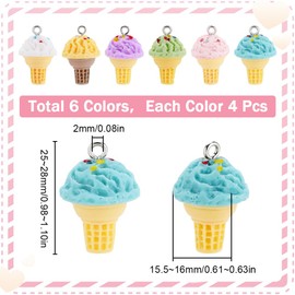 SUNNYCLUE 1 Box 24Pcs 6 Colors Ice Cream Resin Charms Candy Charms Bulk Summer 3D Pink Sweet Dessert Yellow Cute Food Charm for Jewelry Making Charms Supplies DIY Necklace Bracelet Earrings Adults,