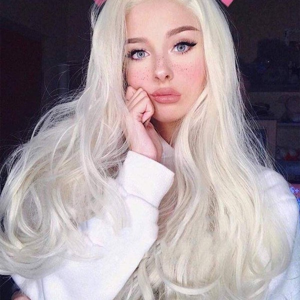 Xiweiya Platinum White Natural Wavy Synthetic Lace Front Wigs Long Wave White Blonde Lace Front Wig Heat Resistant Fiber Natural Looking 180% Density Lace Wigs for Woman 24inch……