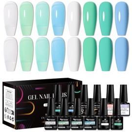 MTSSII 12Pcs Green White Gel Nail Polish Set, 8 Colors Jelly Sage Green Forest Green Baby Blue Gel Polish Kit Transparent Sheer Lime Olive with Base Top Coat, Nail Dehydrator and Primer for Girls