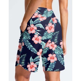 G Gradual Women's 9" Long Swim Board Shorts High Waisted Quick Dry Beach Swimming Shorts for Women with Pockets Liner(Navy Flower,XXXL)