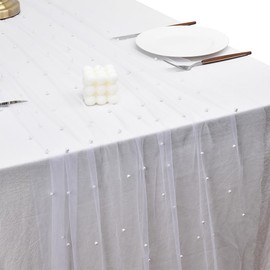 Joanlody Mothers Day Pearl Table Runner Spring Summer 10ft Rustic Boho Tulle Table Runner with Pearls for Baby Shower Wedding Party Veil Dessert Table Decor White