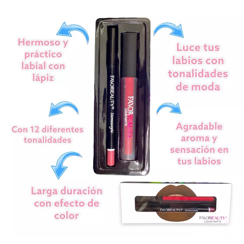Favorbeauty Set De Labiales Liquido Con Lápiz Delineador De Labios