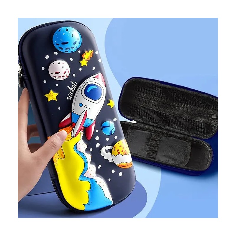 Estuche Para Lápices 3d Space Rocket Para Niños Azul Marino