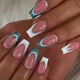 Ceboic Pack of 24 Glue-On Nails, Short, Square, French Pink Glitter Artificial Nails, Glossy Artificial Nails, Press on Nails, Acrylic Stick on Nails for Women and Girls