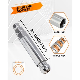Dynofit 6 Spline Lug Nuts Socket Key, Universal Chrome Spike Key fit Hex 19mm&17mm&14mm Tool Wrench,1PC Sleeve fit thread M12X1.5,12X1.25,1/2"-20,3/8"-24,10mmx1.25 Small Nuts