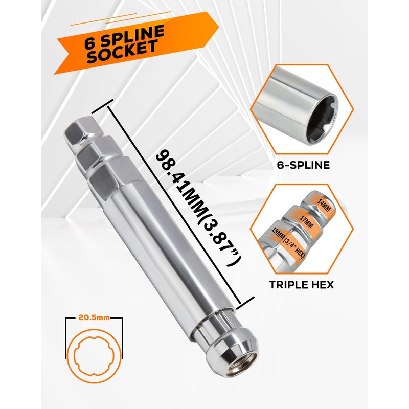 Dynofit 6 Spline Lug Nuts Socket Key, Universal Chrome Spike