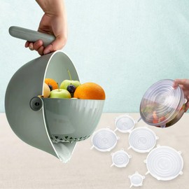 Colander with Bowl Set – Rotatable Strainers for Kitchen + 6pcs Flexible Silicone Stretch Lids – Food Strainers & Colanders for Fruit Cleaner, Veggie Wash & Aesthetic Kitchen Gadget Essentials – Green