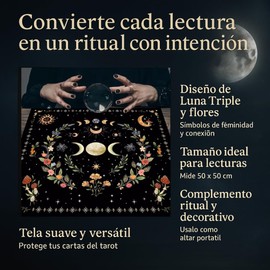 Mantel para Lectura de Tarot de 50x50 cm con diseño Floral y Luna Triple