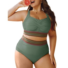Hanna Nikole Swimsuits for Women 2024 Plus Size High Waisted Bathing Suit for Women 2 Piece Bikini Bean Green 18W