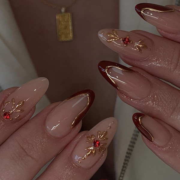 Jremg Red French Tip Press on Nails Medium Almond Fake