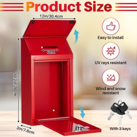 Yaocom Metal Donation Box Collection Box Safe Suggestion Box with Slot and Lock Waterproof Wall Mounted Mailbox Money Lock Box Key Drop Box for Home Outdoor Door, 10.24 x 5.71 x 2.95 Inch(Red)