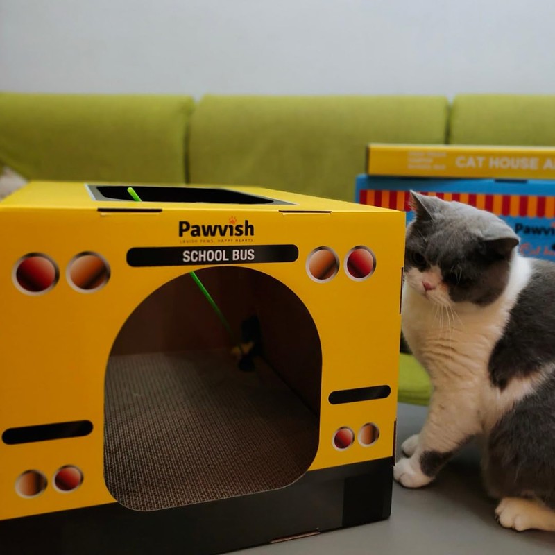PAWVISH School Bus Cardboard Cat House and Scratcher, Play House,