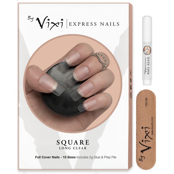 500 Pieces Long Square Nail Set, Free Glue and Preparation File, 10 Sizes, Transparent Express Fingernail Extensions, Full Coverage. For Professional & Home Use - By Vixi