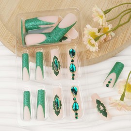 Lomxene French Tip Press on Nails Long Fake Nails Glue on Nails Flower False Nails Glitter Acrylic Nails Green Gems Nail Press ons Glitter Press on Nails for Women 24Pcs (Long Square Green)