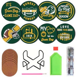 Bartogro 8 Pcs Diamond Painting Coaster Kits, DIY Football Diamond Art Coasters with Holder Sports Diamond Art Crafts Supplies for Green Bay Design