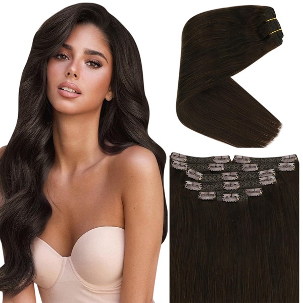 Ve Sunny Clip in Hair Extensions Real Human Hair Brown Human Hair Clip in Extensions Brazilian Hair Brown Clip in Human Hair Extensions Dark Brown Hair Extensions Clip ins for Women 120g 7pcs 20inch