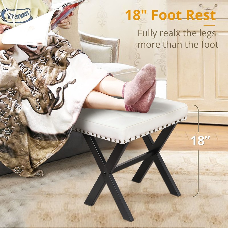 LUE BONA White Vanity Stool - Square Faux Leather Makeup