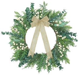 Goviraye Artificial Christmas Wreath 24 Inch with White Berries and Burlap Bow, Lifelike Winter Greenery Front Door Wreath – Holiday Farmhouse Decor for Indoor Outdoor, Porch, Wall, and Fireplace