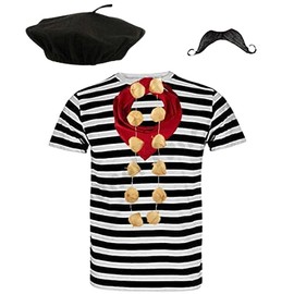 Blue Planet Online Mens Frenchman Costume Striped French Man T Shirt, Beret, Scarf, Garlic Garland & Moustache - Large
