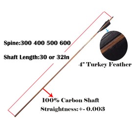Pinals Archery Traditional Arrows 300 400 500 600 Spine Turkey Feather 32 30 Inch Carbon Shafts for Recurve Longbow Compound Bows Hunting Targets 12PCS 500