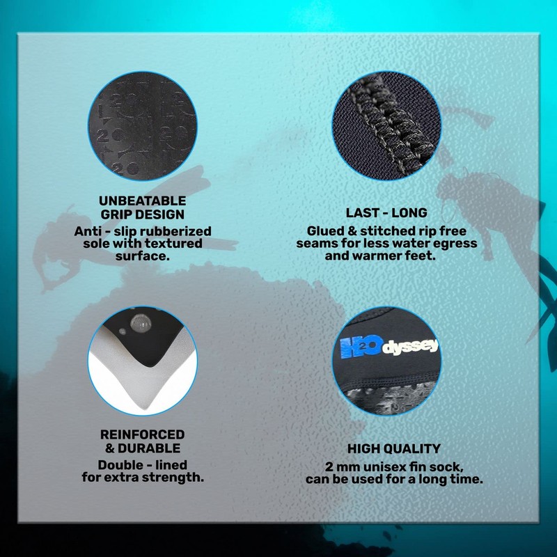 H2ODYSSEY 2mm Neoprene Snorkeling Fin Sock - Large- Fits Shoe