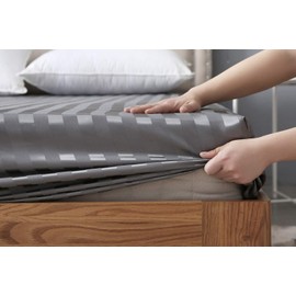 Fitted Sheet 100% Egyptian Cotton 600 Thread Count 16"/40CM Extra Deep Bottom Sheets - Satin Stripe White Grey Luxury Bed Sheets (Grey, Double)