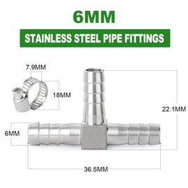TAISHER 2PCS 304 Stainless Steel 6MM Hose Barb Fittings，3 Way Tee T Shape Joint Splicer Mender Fitting Union for Fuel/AIR/Lquid/Gas with 6PCS Hose Clamp