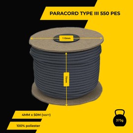 EdcX 4 mm Polyester Paracord 550, 25+ Colours (15, 30 and 50 m) - Type III, 100% Nylon Rope, 7 Stranded Rope, 4 mm Nylon Rope in Many Colours, Solid Colours (Carbonic, 50 m)