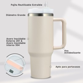 Vaso Térmico de Acero Inoxidable 40OZ (1200ML) Vaso Aislado con Asa Tapa y Popote, Insulated Tumbler Taza Termica para Bebidas Frío y Caliente, Regalos para Mujer - Rosa Beige