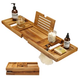 Perfnique Bathtub Tray, Teak Bath Tub Tray, Wood Bath Caddy, Foldable Bath Table Tray&Bathtub Shelf, Expandable Bathtub&Bathroom Accessories and Organizer, House Warming Gifts