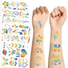 80PCS Rainbow Temporary Tattoos, 10 Sheets Glitter Summer Temporary Tattoos for Kids Teens Adults, Hawaii Tattoos for Birthday Party Favors, Supplies, Decorations