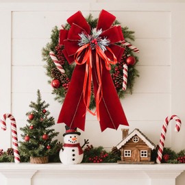 CRAFLOX Christmas Burgundy Velvet Wreath Bow, 20'' x 11'' 2Pcs Christmas Red Velvet Bows with Pine Cones Needles Tree Topper Decorations for Home Indoor Outdoor, Ornament Bow for Wedding Party Decor