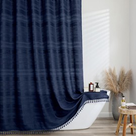 OVZME Extra Long Boho Shower Curtain 84 Inch Long, Modern Farmhouse Heavy Duty Linen Textured Soft Fabric, Rustic Country Cloth Shower Curtain with Tassel for Bathroom Hotel, 72Wx84L, Navy Blue