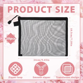 EupHHonycs 20 Pieces Zipper Nylon Mesh Pouch Black Mesh Zipper Pouch Makeup Bags Plastic Zipper Pouches for Organizing Cases for Cosmetic Office Supplies and Travel Accessories, Black, 9.5 x 7.1In