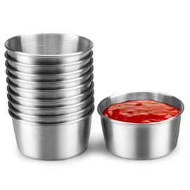 Huakaile 10 Pieces Stainless Steel Sauce Cups, 2.7 Oz/80 ml Metal Ramekins Dipping Bowls, Small Reusable Condiment Dish Containers for Prep Dessert Meal Seasoning (Silver, 10)
