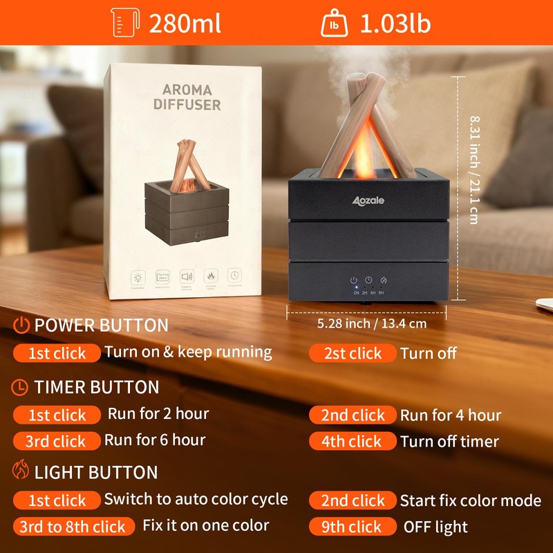 Aozale Campfire Flame Fire Diffuser, Bonfire Aromatherapy Essential Oil Diffuser,