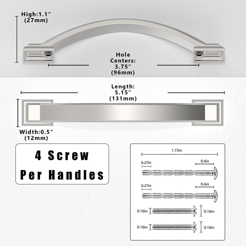 Asimerdeco 10 Pack Brushed Satin Nickel Cabinet Pulls 3.75 Inch(96mm)