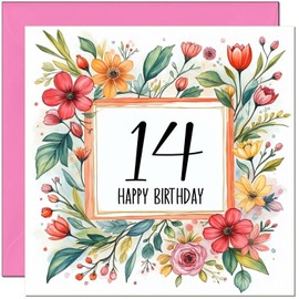 14th Birthday Card for Women - Any Age - Floral Birthday Card for 14 Year old teenage Girl Daughter Granddaughter Kids fourteen, fourteenth Sister cousin Niece